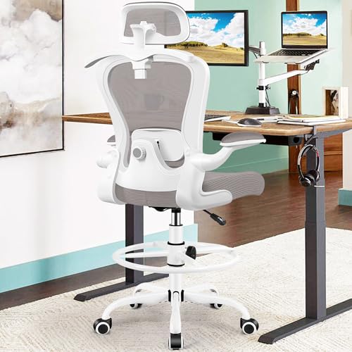 Drafting Chair, Tall Office Chair with 3D Lumbar & Head Support, Ergonomic Mesh Standing Desk Chair with Footring, Comfy Extended High Desk Chair with