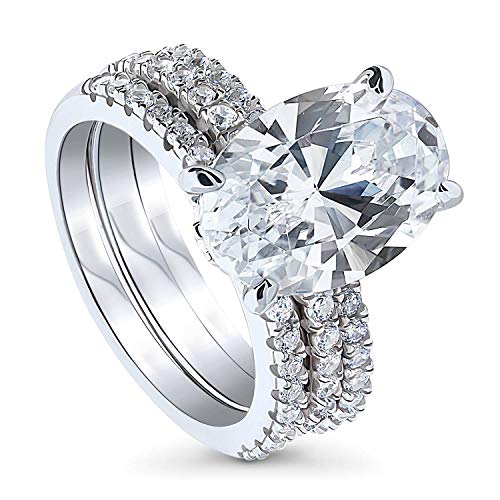 BERRICLE Rhodium Plated Sterling Silver Oval Cut Cubic Zirconia CZ Hidden Halo Solitaire Engagement Wedding Ring Set 6.5 CTW Size 6