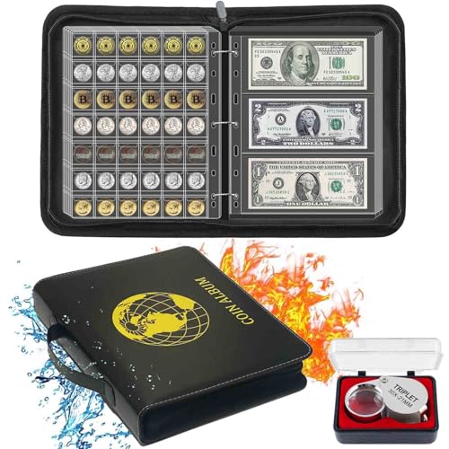 Fireproof Coin Collection Album with 360 Pockets and 15 Sleeves for Collectors