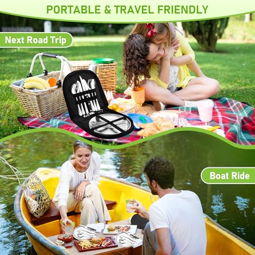 Camping Geschirr Set 2 Personen 14-teilig, Picknick Set, Edelstahl Outdoor Geschirr für Outdoor, Camping, Picknick, Grillen und Wandern