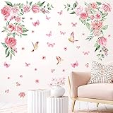 Large Peony Flower Wall Stickers Watercolor Floral Wall Decals Peel and Stick Hanging Vine Pink Flower Wall Decals Butterflies Green Leaves Wall Stickers for Girls Bedroom Kids Baby Room Nursery Decor