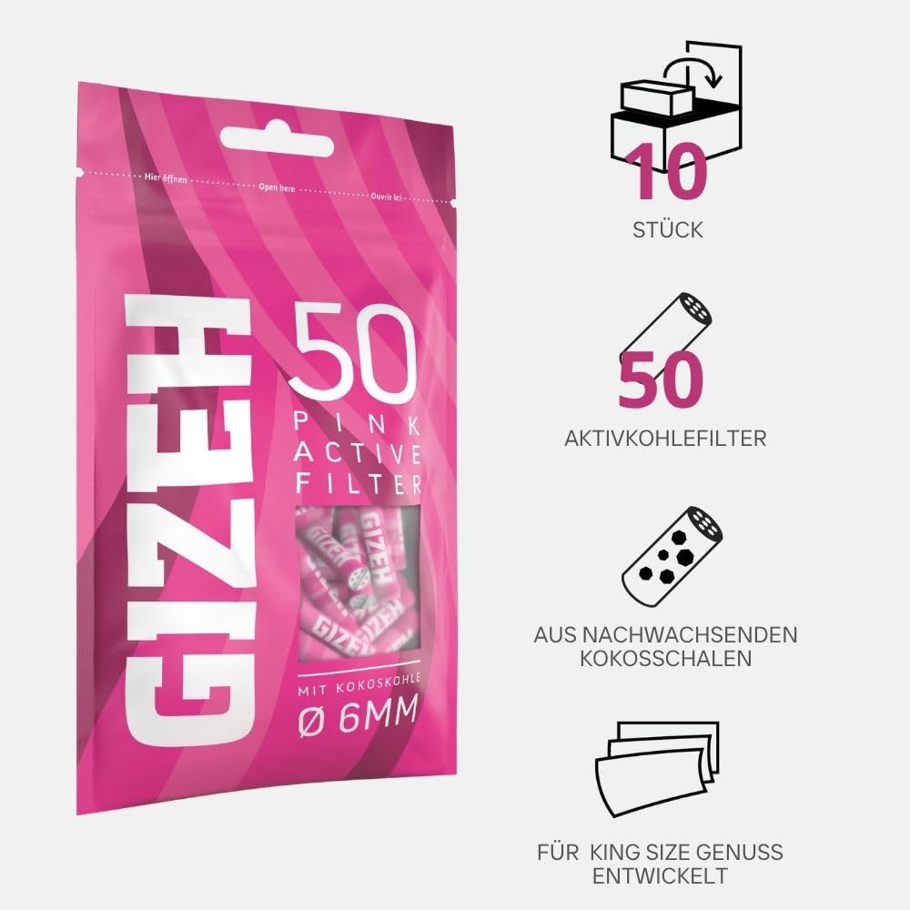GIZEH Black Actief filter 6 mm, slim formaat, actieve koolfilter in praktische verpakking van 10 stuks, Gizeh filter met actieve kool van kokosschaal, 20 verpakkingen à 10 filters