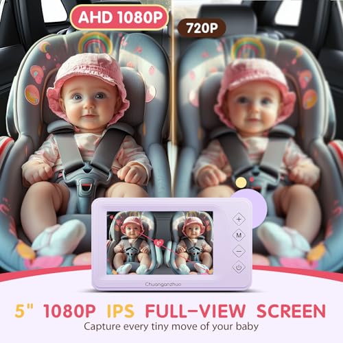 Image of S100P Baby Car Camera with Ultra Night Vision, 5'' HD 1080P IPS Baby Car Monitor with 3X Zoom, Backseat /Carseat /Rear Seat Camera USB, Easy No-Damage Install, Safety for Infants and Pets(5 inch Purple)