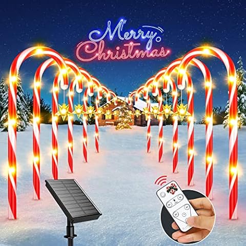 Christmas Decorations Outdoor Candy Cane Lights, 12 Pack Solar Christmas Pathway Markers Lights with Star, 8 Modes, Waterproof Indoor & Outdoor Christmas Decor for Holiday Yard Garden Walkway Cover