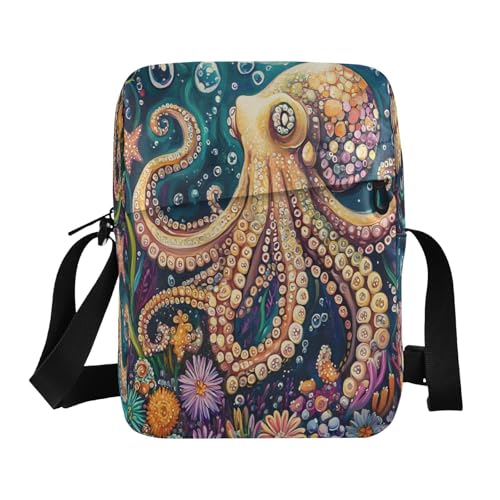 Crossbody Bag Colorful Octopus Undersea Vintage Messenger Bag for Women Men Purse Shoulder Bag Satchel Bag with Adjustable Strap 214B8776