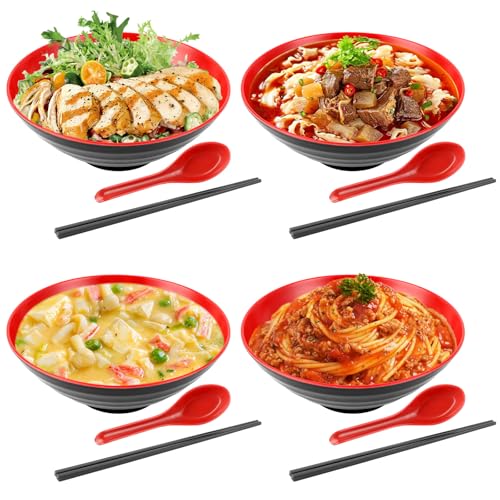 GBACHOOSE Conjunto de 4 tigelas de ramen, tigela de ramen com colher e pauzinhos, 1000 ml, conjunto de tigelas de ramen para ramen Buldak, macarrão udon, massa chinesa, ramen Nissin (vermelho)