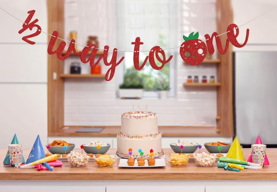 Miniatura 4 de Cartel de Half Way To One, decoración de fiesta de bebé con temática de fresa, decoración de fiesta de cumpleaños de 12 de bayas con purpurina roja