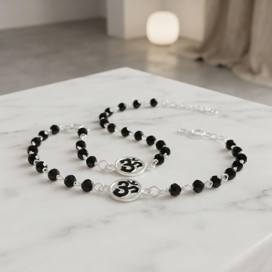Parnika MJ 925 Divine Baby Nazariya (Kids Bracelet) in Pure 92.5 Sterling Silver for Kids - One Pair | Chandi Nazarbattu | Silver Ponchi | (Om Enamel 1) 2