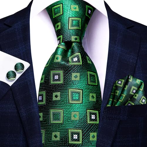 Image of Dubulle Mens Green Checks Floral Silk Tie for Men Striped Necktie and Pocket Square Cufflinks Set Wedding Business