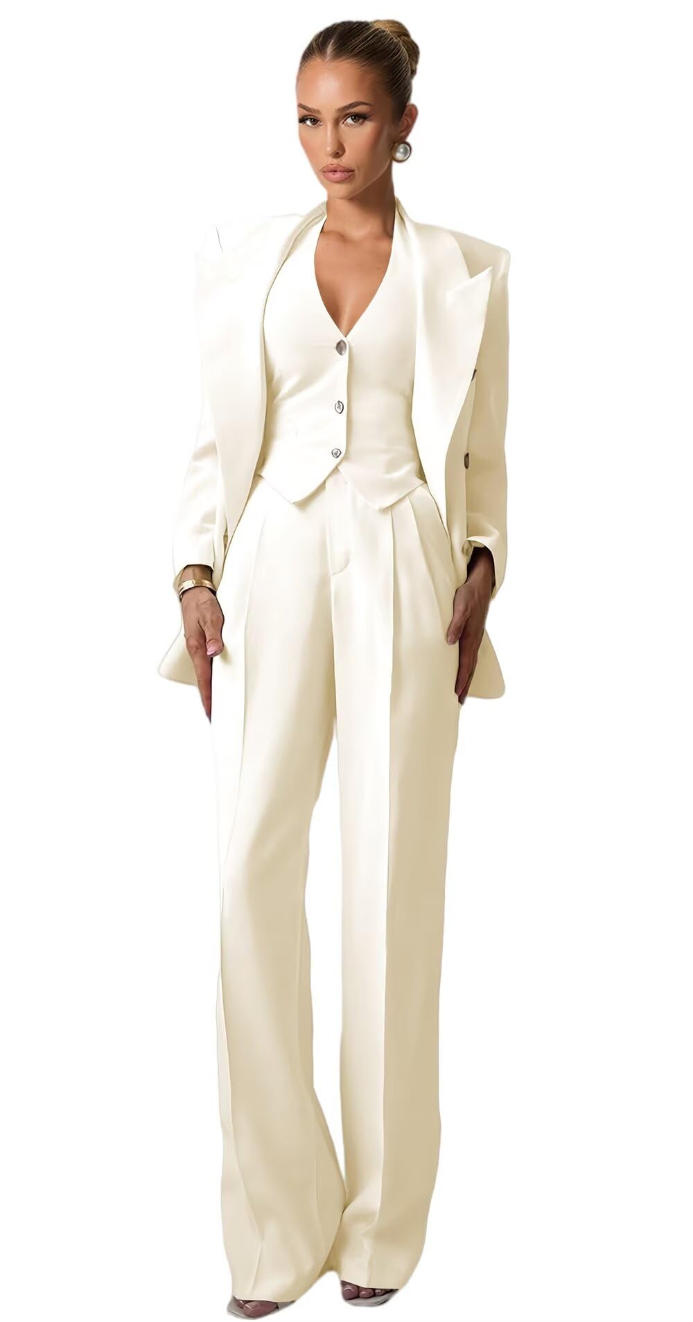 Classic Suits for Women 3 Piece Peak Lapel 6 Button Double Breasted Womens Suit Regular Fit Pant Suits