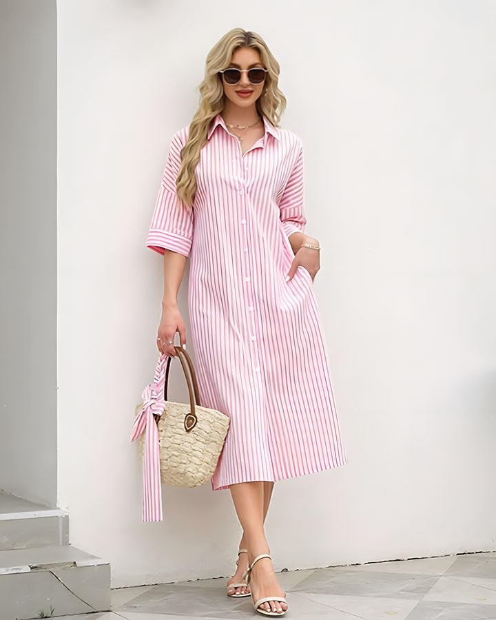 Womens Shirt Dresses Striped Lapel 3/4 Sleeve Maxi Dress Button Down Split Belted - Image 6