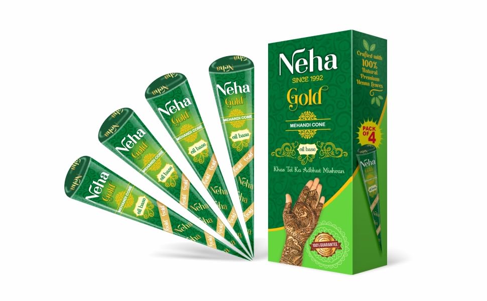 Neha GOLD Mehandi Cone Pure Henna Paste with Essential Oils for Application on hand, feet & body for temporary tatoo – 25g each (Pack of 4) – Net weight 100g-image-20