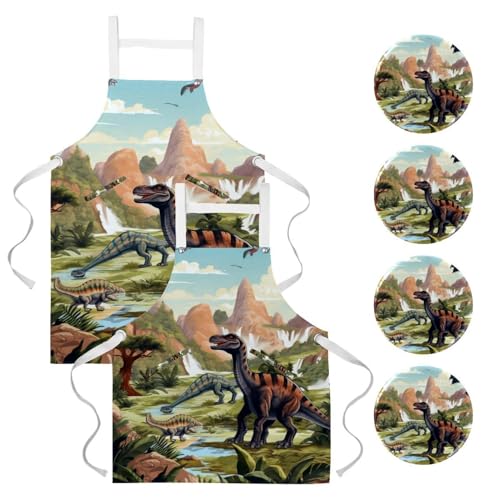 Tablier dinosaure réglable lot de 2 pour cuisine avec poches