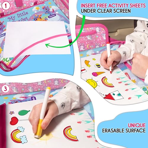 Image of Kids Travel Tray - Waterproof Lap Table with No-Drop Large Tablet Holder - Car Seat Tray - Road Trip Essentials Kids - Car Desk Organizer for Airplane - Toddler Travel Essentials (UNICORN)