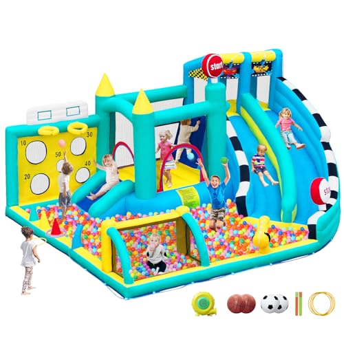 SportBob Hüpfburg Kinder für Outdoor Indoor Garten, Aufblasbare Bounce House Hüpfburg XXL mit Gebläse, Trocken-/Wasserrutsche, Springen, Planschbecken, Kletterwand, Wasserspray, 470×400×220cm