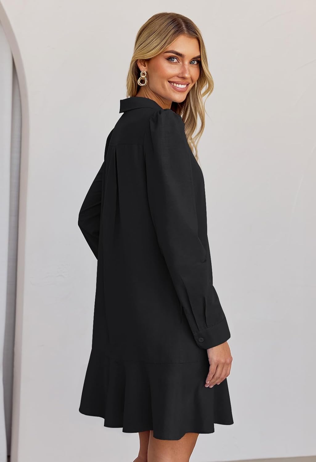 MEROKEETY Women's Casual Shirt Dress Long Sleeve Button Down Ruffle Flowy Tunic Shift Mini Dresses - Image 3