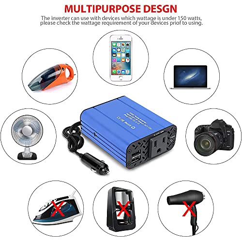 150W Car Power Inverter Dc 12V To 110V Ac Converter 4.2A Dual Usb Ports Car Charger Adapter Blue #TOP7