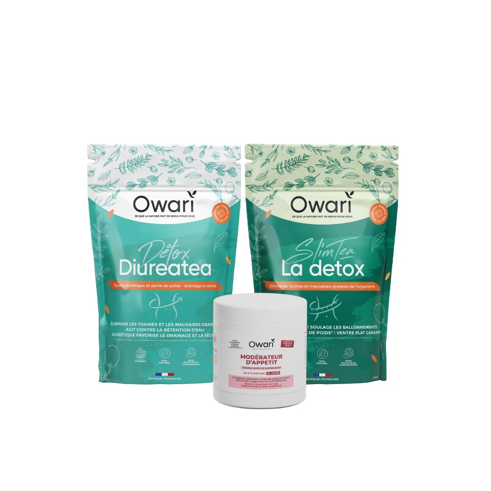OWARI Pack Triple Minceur - 1x Diuretea, 1x Slim Tea Cure Detox, 1x Poudre Coupe Faim - Set de Produits pour la Perte du Poids - Thé Minceur avec Coupe Faim Puissant et Efficace