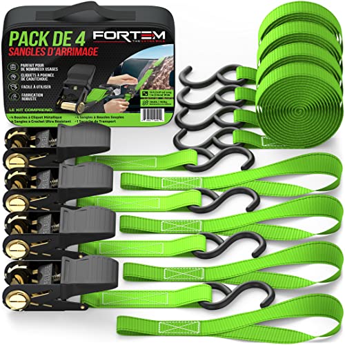 FORTEM Sangles d'Arrimage, Résistance 680 kg, 4 Sangles de Remorquage de 4,5 m, 4 Boucles Souples, Sangles Arrimage Moto, Anse Caoutchouc, Crochets Métal Enduit, Sac de Transport (Vert) Cover