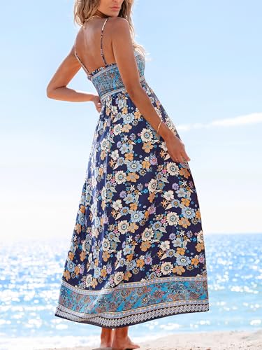 Image of CUPSHE Women Spaghetti Straps Boho Maxi Dress Summer Sleeveless Smocked Floral Beach Long Dress Flowy Cruise Vacation Outfits
