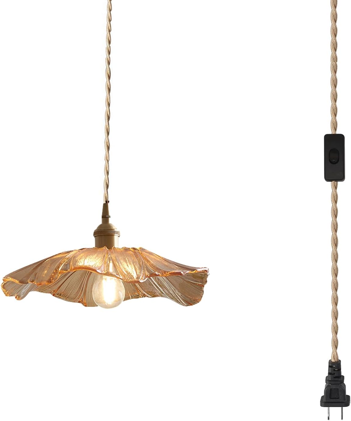 Plug in Pendant Light Fixtures Modern Style Amber Glass Pendant Lights 14ft Hemp Rope Cord Flower Lampshade and Gold Brass Finish with Switch ON/Off Pendant Ceiling Lamp for Farmhouse(Amber)