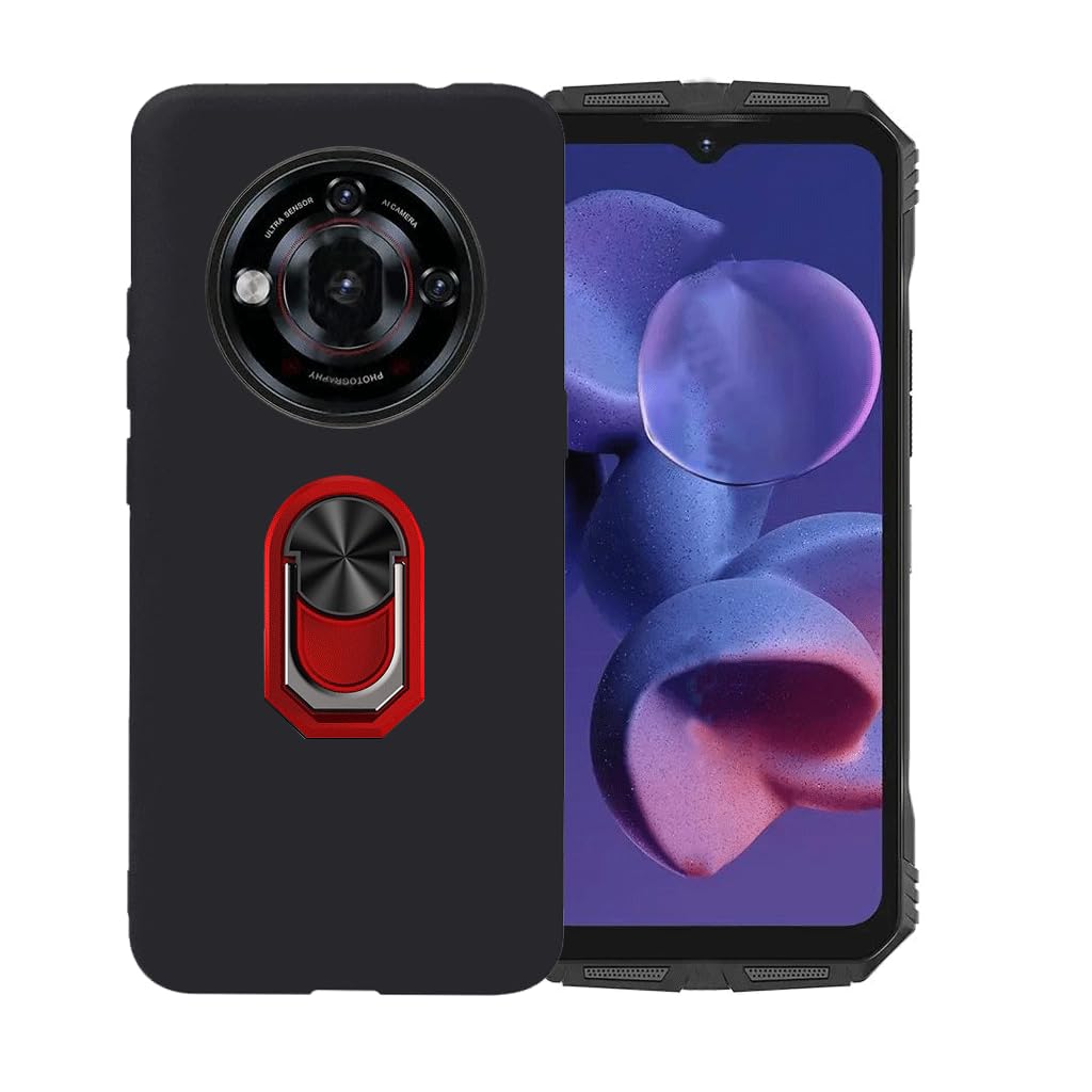 FZZSZS Cover for Doogee S118 Pro, Soft Black TPU Protective Cover Silicone Protection Bumper Shell with Red Kickstand 360 Ring Holde Phone Case for