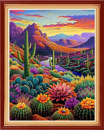 Stamped Cross Stitch Kits - Beach Night Landscape Counted Cross Stitch Kits for Beginners Adults Needlepoint Cross-Stitch Patterns-Succulent Plant World 16x20 inchs