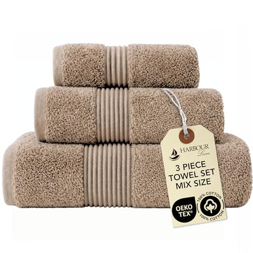 HARBOUR Loom Boulevard Series 3-Piece Mix Size Luxury Bathroom Towel Set - Includes Bath Towel Hand Towel & Washcloth Soft 600 GSM 100% Turkish Cotton Hotel & Spa Quality (Taupe Quartz)