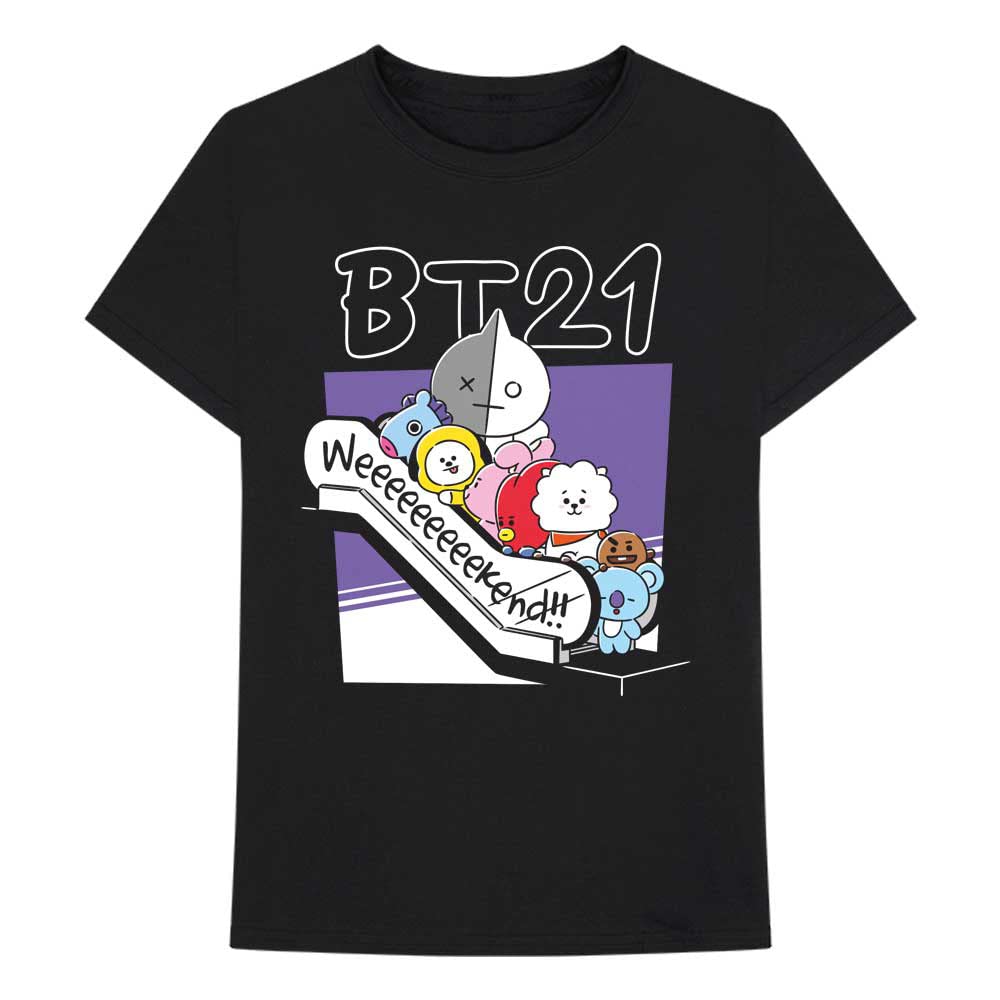 BT21 BTS Kpop Unisex Weekend Black Crew Neck Tee Shirt (L)
