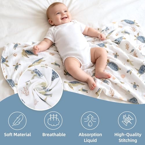 Image of LifeTree Baby Swaddle Blankets, Boys Girls Muslin Swaddling Wrap Receiving Blanket for Newborn, 70% Viscose from Bamboo and 30% Cotton, Large 47 inch x 47 inch, Sea Turtle and Blue Checkered