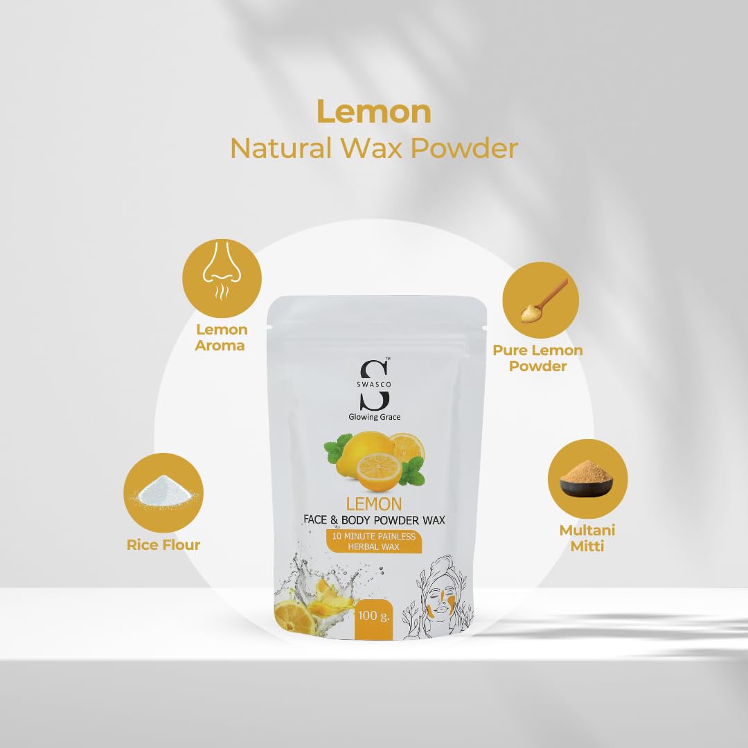 SWASCO Wax Powder for Hair Removal | Herbal Wax with Lemon & Multani Mitti 100g | Painless, 10-Minute Chemical-Free Waxing for Face, Body, Bikini, Underarms & Legs|For All Skin Types of Women & Men 2