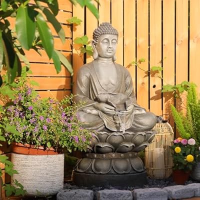 Tankana Outdoor Zen Water Fountain - Large Garden Sitting Buddha Waterfall Fountains Indoor with LED Light for Meditation Relaxation Patio Backyard Deck Lawn Porch Balcony, (44.5 inches, Gray)