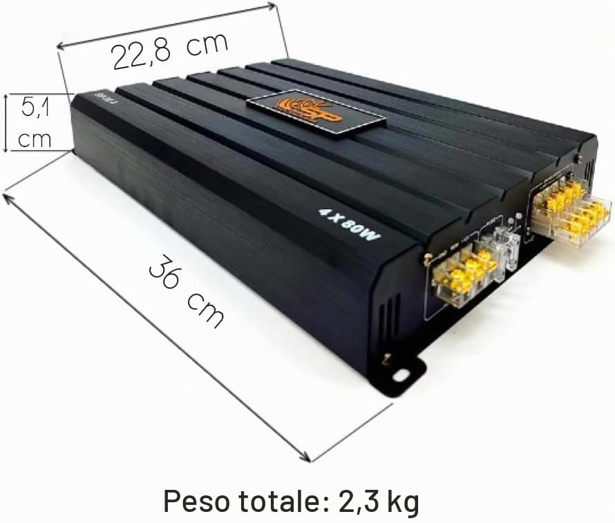 KIT SET PER SP AUDIO SP-80.4D 1 amplificatore nero 4 canali classe d 4 x 160 watt rms a 2 ohm spl per bagagliaio cofano auto, 1 pezzo