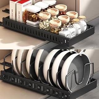 Pull Out Cabinet Organiser,Pan Lid Holder,Pull Out Kitchen Storage,Heavy Duty Storage Slide Out Drawers for Kitchen Cabinets,Pull Out Drawers for Cupboards Living Room,Home(Black/21W*42D*3.2Hcm)