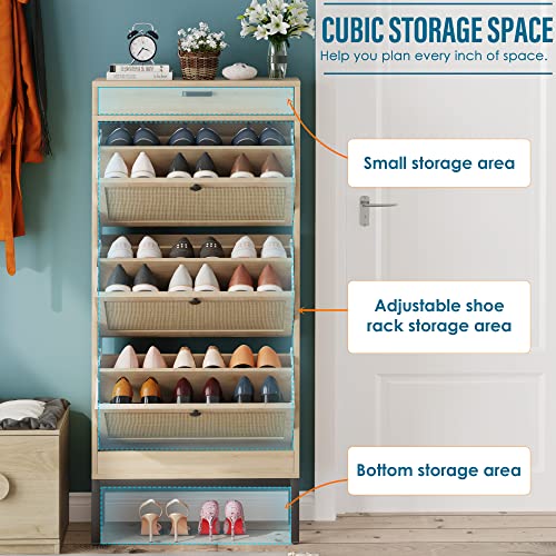 Brafab Freestanding Shoe Cabinet With 3 Flip Drawers, 2 Layer Shoe Shelf, Natural Rattan Shoe Storage Organizer, Slim Shoe Storage For Entryway, Hallway, Living Room (1 Piece, Oak) #TOP4