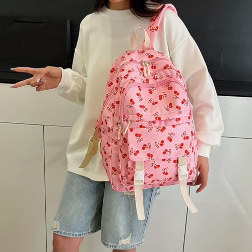 4 Pcs Set Cherry Backpack with Lunch Bag Backpack Set (Pink)4