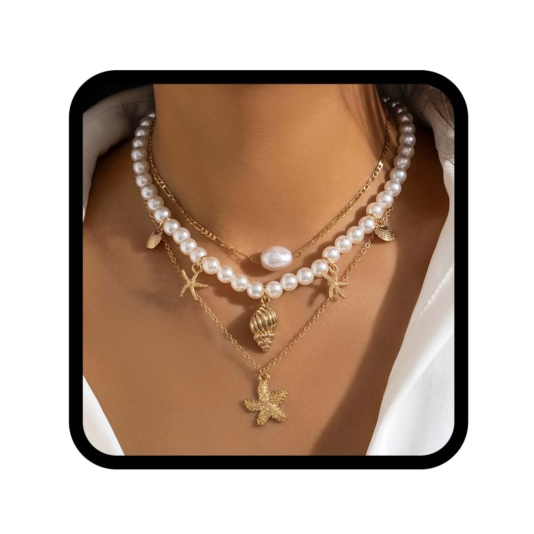 ReakyPearl Necklaces Gold Layered Necklaces Starfish Necklace Summer Beach Accessories for Women