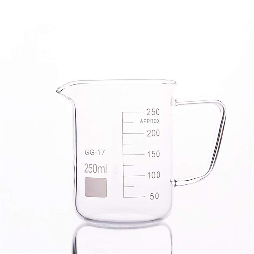 HMTE Vaso de precipitados de Vidrio en Formato bajo, Capacidad 250 ml, Diámetro Exterior = 71 mm, Altura = 98 mm, Vaso de precipitados de Laboratorio con asa (Capacidad: 250 ml) (250 ml)