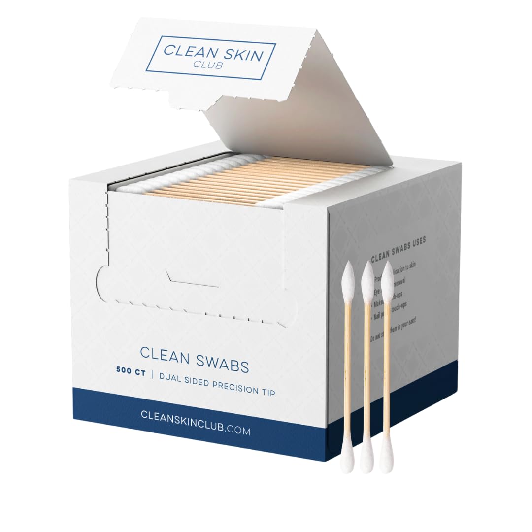 Clean Skin Club Clean Swabs | 500 Stück | Ein Spitzen-Tipp | Biologisch abbaubar + Bio-Baumwolle & Bambus | Makeup & Nagellack Korrekturen | Chlorfrei & hypoallergen (500 Stück)