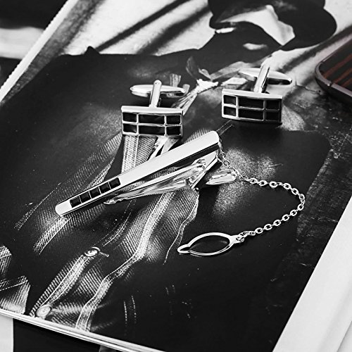 Beydodo Alfiler stropdas voor heren zilver zwart naalden en manchetknopen rechthoekig vierkant zwart - Image 4