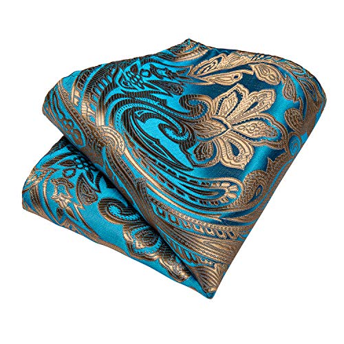 Image of DiBanGu Paisley Ties for Men Silk Necktie and Pocket Square Cufflinks Tie Clip Set Woven Classic Mens Tie for Wedding Party, Teal Blue
