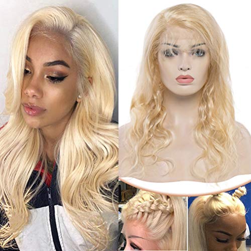 Virgin Human Hair Lace Front Blonde Wig 14" with Baby Hair for Women Body Wave Glueless Transparent Swiss Frontal Lace Free Part Long Brazilian Hair Pre-plucked 130% Density #613 Bleach Blonde