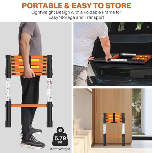 Image of BonKaso Telescopic Ladder, 2M / 6.5Ft, 7 Steps - Heavy-Duty Foldable Alloy Steel Ladder | Anti-Slip, 150kg Load Capacity, Rustproof & EN131 Certified - Matt Black & Orange