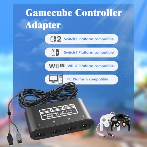 Image of Gamecube Adapter for Nintendo Switch / Wii U / PC and Switch 2 Gamecube Controller Adapter, Super Smash Bros Adapters for NGC Controller, Support Turbo and Vibration Features with 180cm USB Cable