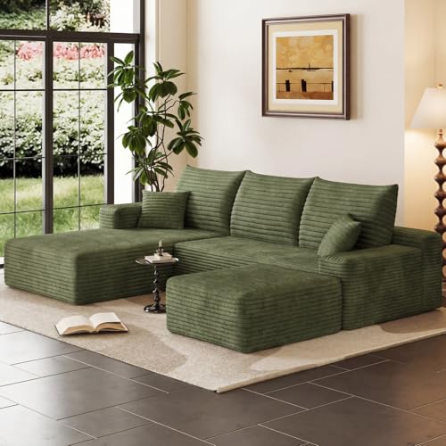Image of 95 inch Cloud Sectional Couch with Ottoman,Modern U-Shaped Cloud Couch with Deep Seat,Comfy Corduroy Sofa,Memory Foam Sofa for Living Room,No Assembly (Green,Left-Facing Chaise)