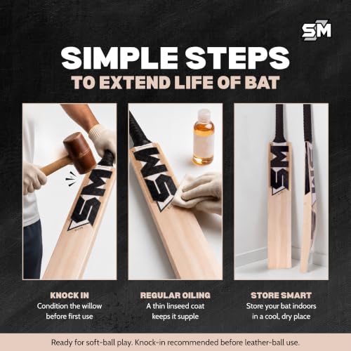 Image of SM Elite Kashmir Willow Cricket Bat | Top-Grade Willow | Best-in-Range Bat | Wooden Cricket Bat | Massive Profile | Thick Edges | Rebound Technology | Superior Craftsmanship | Size SH