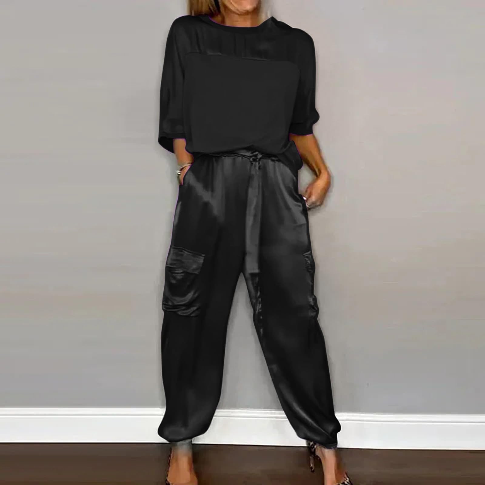 Conjunto de Pantalón y Top de Saten para Mujer Traje Casual de Verano Confortable y Elegante