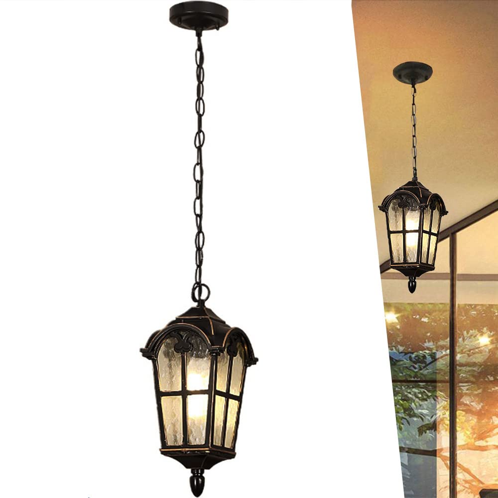 LYMSXAZOU Vintage Outdoor Hanging Porch Light Fixture - E27 Waterproof Pendant Lantern with Glass & Black Finish for Patio Yard Balcony Corridor Hallway Chandelier