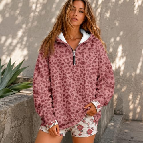 Womens Quarter Zip Pullover Oversized Loose Cheetah Pattern Baggy Hoodies - image 3