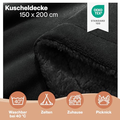 Blumtal Premium Sherpa Kuscheldecke flauschig 150x200 cm - Oeko-Tex zert. Sofa Decke mit Dicker Sherpa-Innenseite - super Flauschige Decke extra dick und wärmend - Sofadecke kuschelig - Schwarz